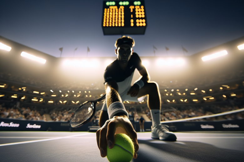 Dramatic tennis serve symbolizing late-October world rankings shifts under stadium lights