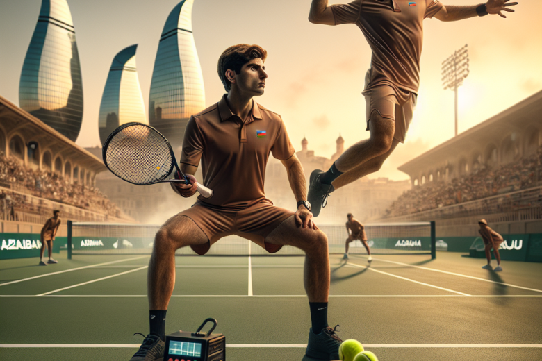 Azərbaycanın ən yaxşı tennisçiləri məşqdə, Baku fonunda, motivasiyaedici idman kadrı, günbatımı işığı
