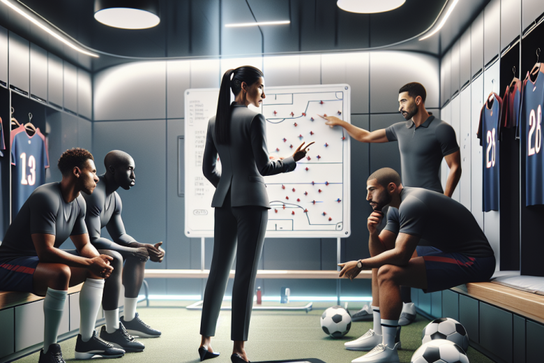 Upcoming tournaments predictions with coach and athletes in locker room strategy session