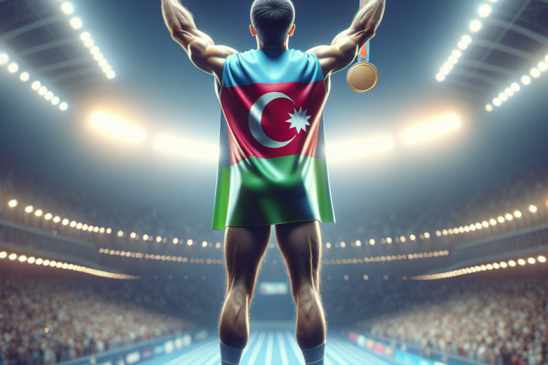 Azerbaijani athlete celebrates international tournament victory with flag on podium under stadium lights